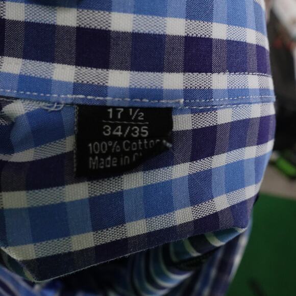 DAVID DONAHUE BLUE CHECK BUTTON UP DRESS SHIRT MENS 17.5 34/35 FRENCH CUFF - Picture 8 of 8